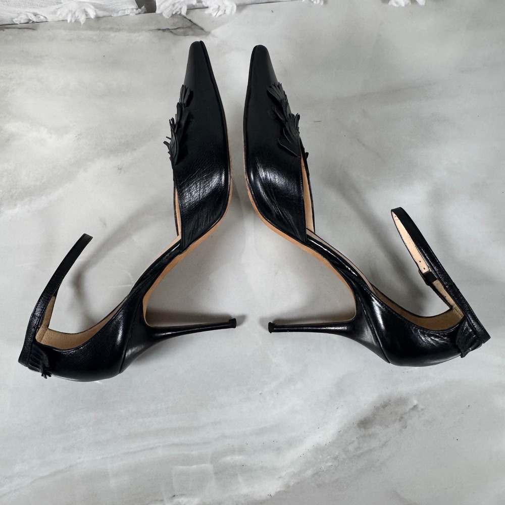 Cole Haan Collection Black Fringe Stiletto Heels Ankle Strap Pointed Toe Leather - Picture 8 of 15